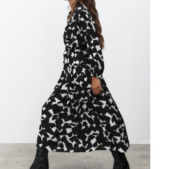 ZARA Black & White Abstract Print Midi Crepe-Like Shirt Dress | Belted, Size XXL - Picture 1 of 12